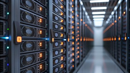 peak energy demand concept. Data center with server racks illuminated by colorful lights.