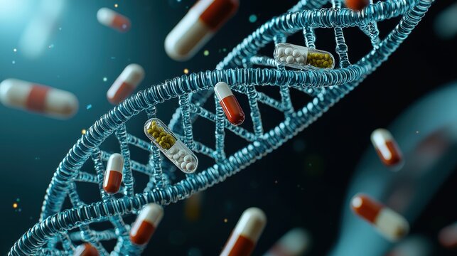 Colorful Capsules Floating Above a Twisted DNA Helix in a Fascinating Medical Concept
