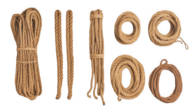 various types of ropes arranged neatly showcasing different lengths and styles suitable for various applications like crafting sailing or construction