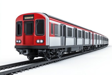 Fototapeta premium A sleek red and silver train gliding along the tracks in a bustling urban landscape at twilight isolated on transparent background
