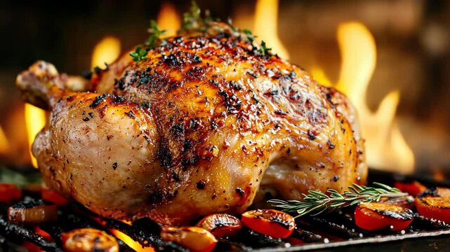 grilled barbecue turkey with fire flame with tomato and rosemary