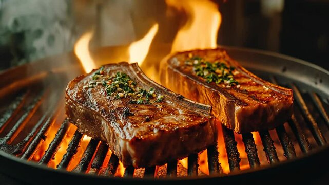 grilled pork chop with fire flame on BBQ rack