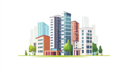 Modern urban real estate development with buildings and green space in a city landscape