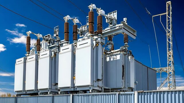 High voltage electrical substation with transformers against a clear blue sky