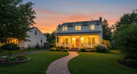 Home Exterior at Dusk Charming House with Glowing Windows