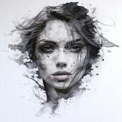 A stunning monochrome watercolor portrait of a woman, featuring expressive brushstrokes and flowing ink drips. The artwork captures raw emotion with deep eyes and striking contrasts.