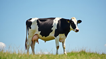 A Holstein Cow with a Full Udder Chews Cud in a Summer Pasture, Profile View, Clear Blue Sky and Expansive Copy Space