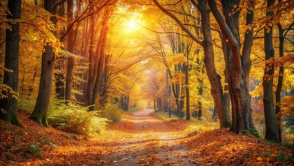 A tranquil forest pathway winds its way through a sea of golden