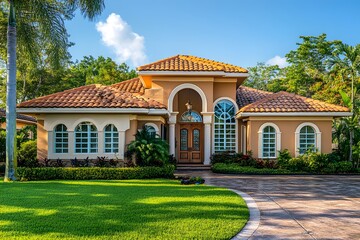Obraz premium a large house with a tiled roof and a well-manicured lawn.