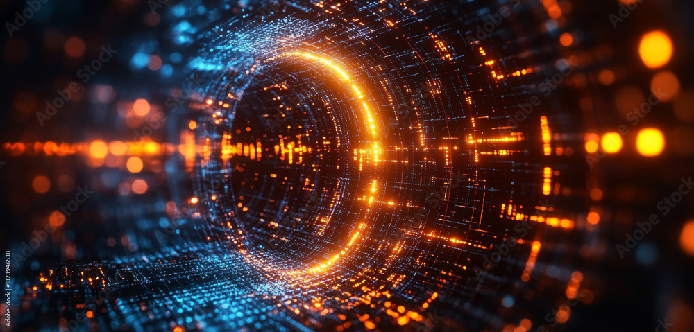 Leinwandbilder Visualizing quantum computing technologies, the journey through a vibrant tunnel showcases the principles of superposition and entanglement.