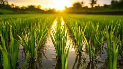 Fototapeta premium Golden Sunrise over Lush Green Rice Field with Reflection in Water