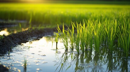 Obraz premium Lush Green Rice Fields at Sunrise Reflecting in Water Surface