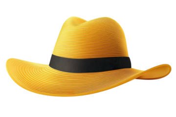 Bright yellow straw hat resting on a wooden table under the warm afternoon sunlight isolated on transparent background