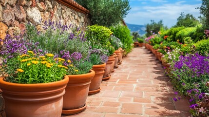 Scenic Garden Path Adorned with Flowers and Brick Walkway in the Countryside