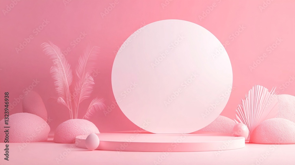 Poster pink podium displaying cosmetics with feathers and rocks