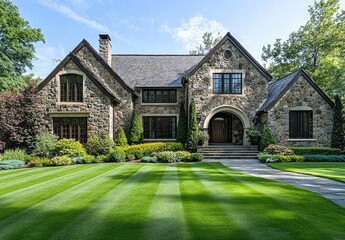 Luxurious stone home with manicured lawn.  Exterior of a large, stately home with a stone facade, landscaped gardens, and meticulously maintained lawn