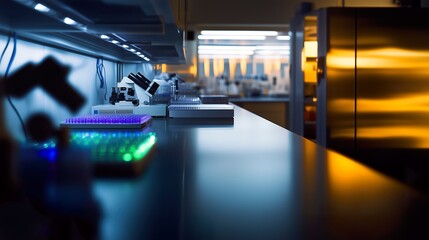 Fototapeta premium Modern laboratory with microscopes and test samples on workbench, blurred foreground and illuminated background
