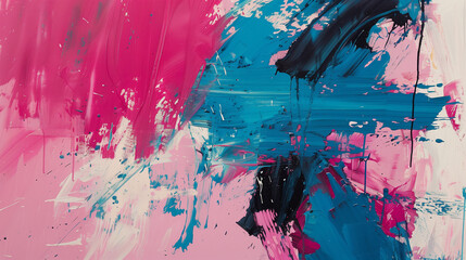 Vibrant splashes of pink and turquoise with aggressive, broad strokes form an emotionally charged abstract expressionist piece.