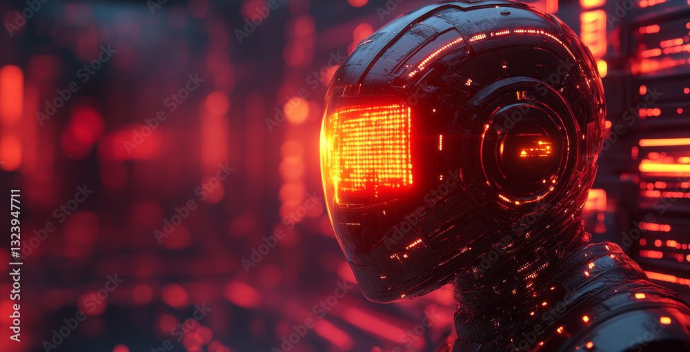 Poster A futuristic robotic figure with a glowing red head stands in an abstract digital environment.
