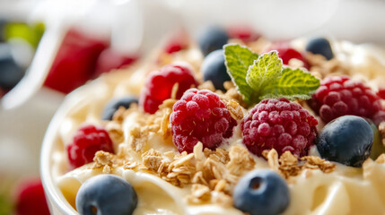 Smoothie bowl topped with fresh raspberries and blueberries enjoyed during a sunny breakfast