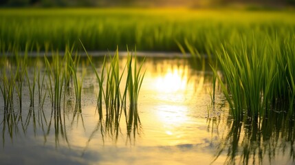 Obraz premium Reflections of Golden Sunset on Lush Green Rice Field Water