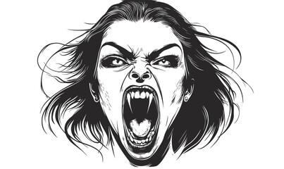 Fierce vampire woman with fangs screaming &ndash; monochrome flat icons set vector.