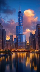 Stunning skyline at dusk with reflections in river