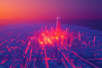 Obraz premium dynamic 3d visualization of city temperature patterns with vibrant gradient from cool blues to hot reds, showing urban heat islands from an isometric perspective against a purple sunset sky
