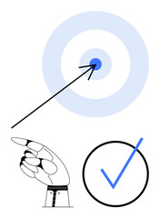 Robotic hand pointing, arrow hitting a target bullseye, blue checkmark confirming success. Ideal for technology, accuracy, focus, precision, achievement innovation and validation. Flat simple
