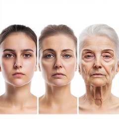 Journey through time captured on one woman's face revealing youthful beauty, mature essence, and the wisdom of age