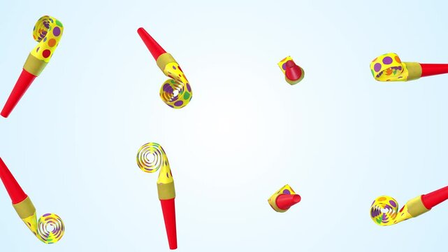 Party Blowers Falling on a Light Blue Background. Stylized Party Blowers. 4K