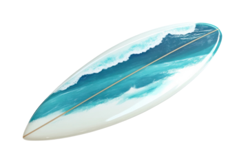 A beautifully crafted surfboard capturing the essence of ocean waves and coastal vibes isolated on transparent background