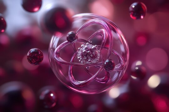 Colorful depiction of an atom with electrons and protons floating in a vibrant background