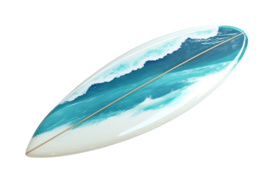 A beautifully crafted surfboard capturing the essence of ocean waves and coastal vibes isolated on transparent background