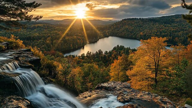 waterfall at the cliff-edge at high mountain with aerial view of long river and sunset sky