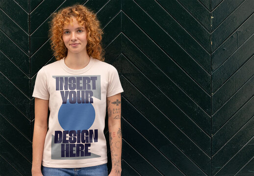 Mockup of a Stylish T-Shirt Worn by a Person With Curly Hair