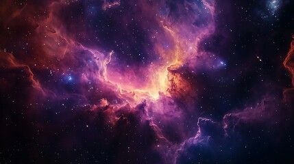 Naklejka premium Stunning Galaxy Nebula with Vibrant Purple and Gold Clouds Sparkling with Countless Stars - High-Resolution Space Image.