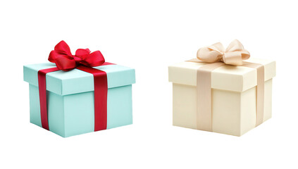 Obraz premium two beautifully wrapped gift boxes one in light blue with a red ribbon and the other in cream with a beige bow symbolizing celebration and gifting