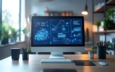 A sleek office desk with a computer displaying digital marketing on the screen, surrounded by AI tools and office items, representing advanced marketing strategies