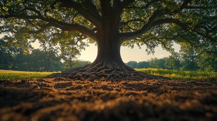 Fototapeta premium Majestic old oak tree with sprawling roots and leafy canopy in golden light