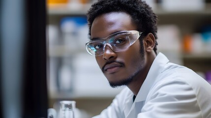 Obraz premium a scientist wearing safety glasses looking at the camera.