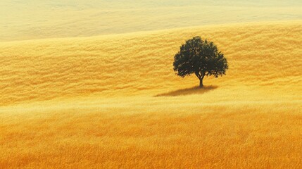 Solitary tree in vast golden field under clear blue sky