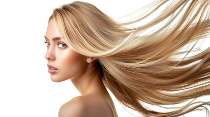 Naklejka premium Beautiful blonde model with flowing hair on transparent background