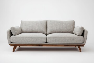 Light gray sofa with wooden legs.  Features comfortable padded cushions and a striped fabric.  Modern, minimalist design