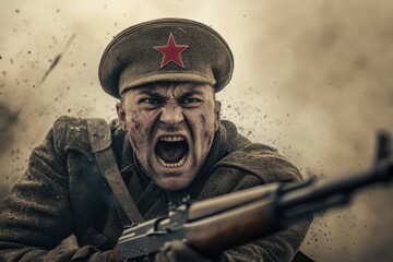 Fototapeta premium Soviet soldier charging into battle with a fierce expression amidst the chaos of World War II