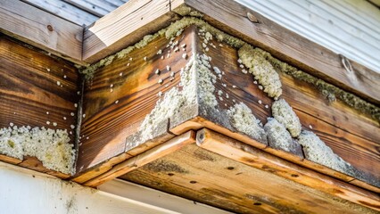 Mould growing on a damp roof corner, with visible white fungus and black spots, damp wood, old building