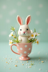 Cute Easter Bunny Egg Sitting in a Polka Dot Cup Surrounded by Colorful Spring Blossoms and Fresh Greenery in a Festive Setting.
