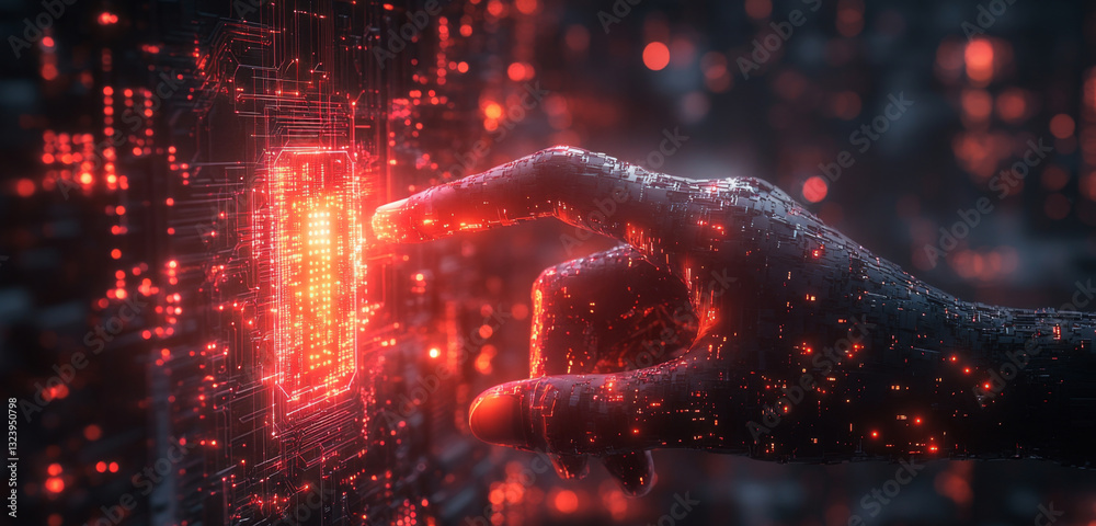 Fototapete A hand composed of intricate digital patterns interacts with a glowing interface displaying quantum computing elements.