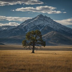 A lone tree standing in the middle of a vast Montana field, with mountains in the background.