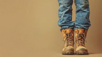 A farmer's overalls and boots on a plain brown background 